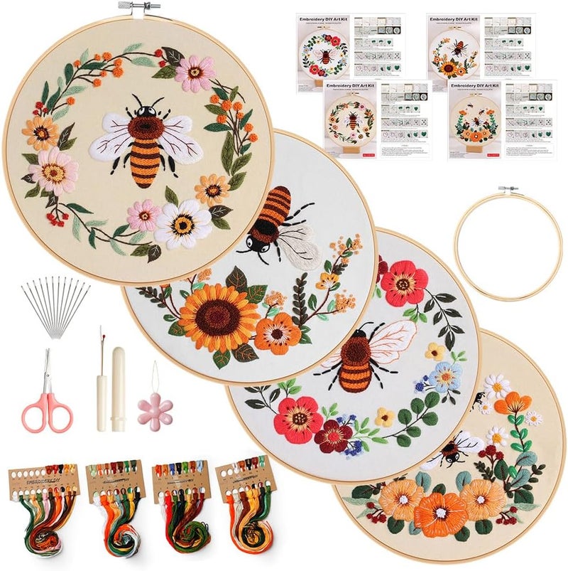 wtisan Embroidery Kit for Adults, 4 Sets Cross Stitch Kits for Adults with Stamped Flower Pattern and Easy Instruction, Embroidery Kits with Embroidery Hoop and Color Threads - Image 1